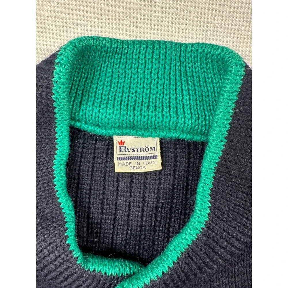 Vintage Elvstrom Italy Navy Blue‎ Wool Shawl Collar Sweater Green Trim medium